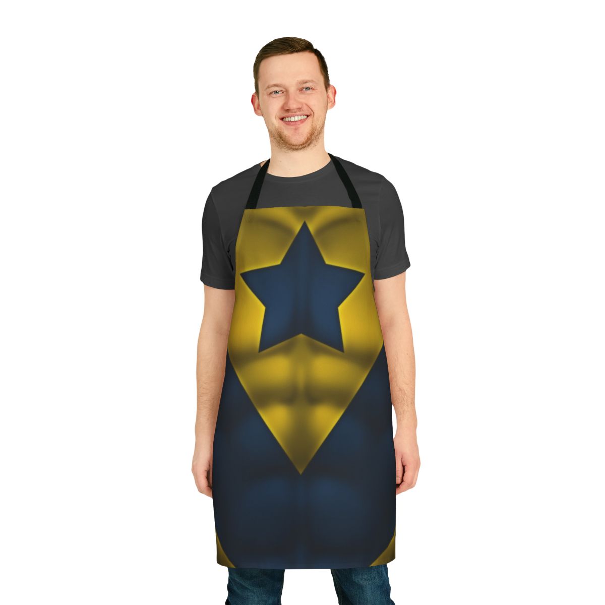 Superhero art apron featuring a stylized Booster Gold costume design