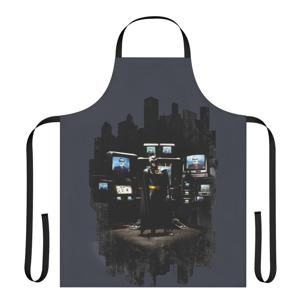 A black apron with a bat silhouette design, inspired by the iconic superhero Batman.