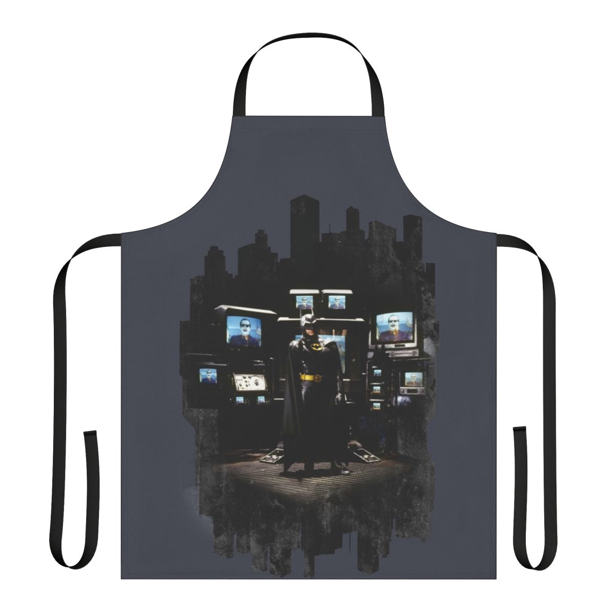 A black apron with a bat silhouette design, inspired by the iconic superhero Batman.