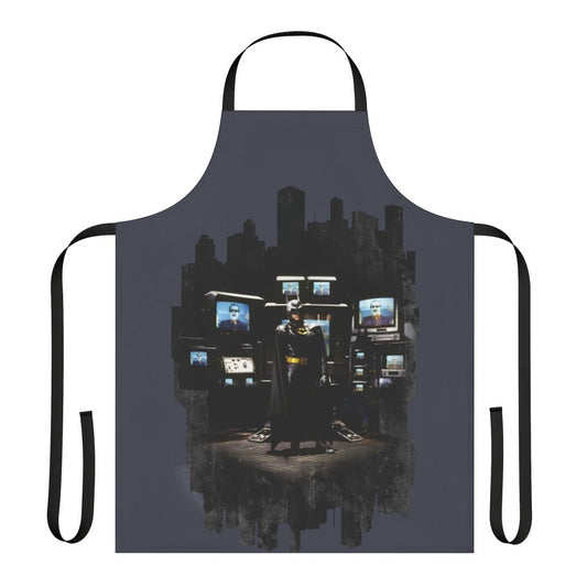 A black apron with a bat silhouette design, inspired by the iconic superhero Batman.