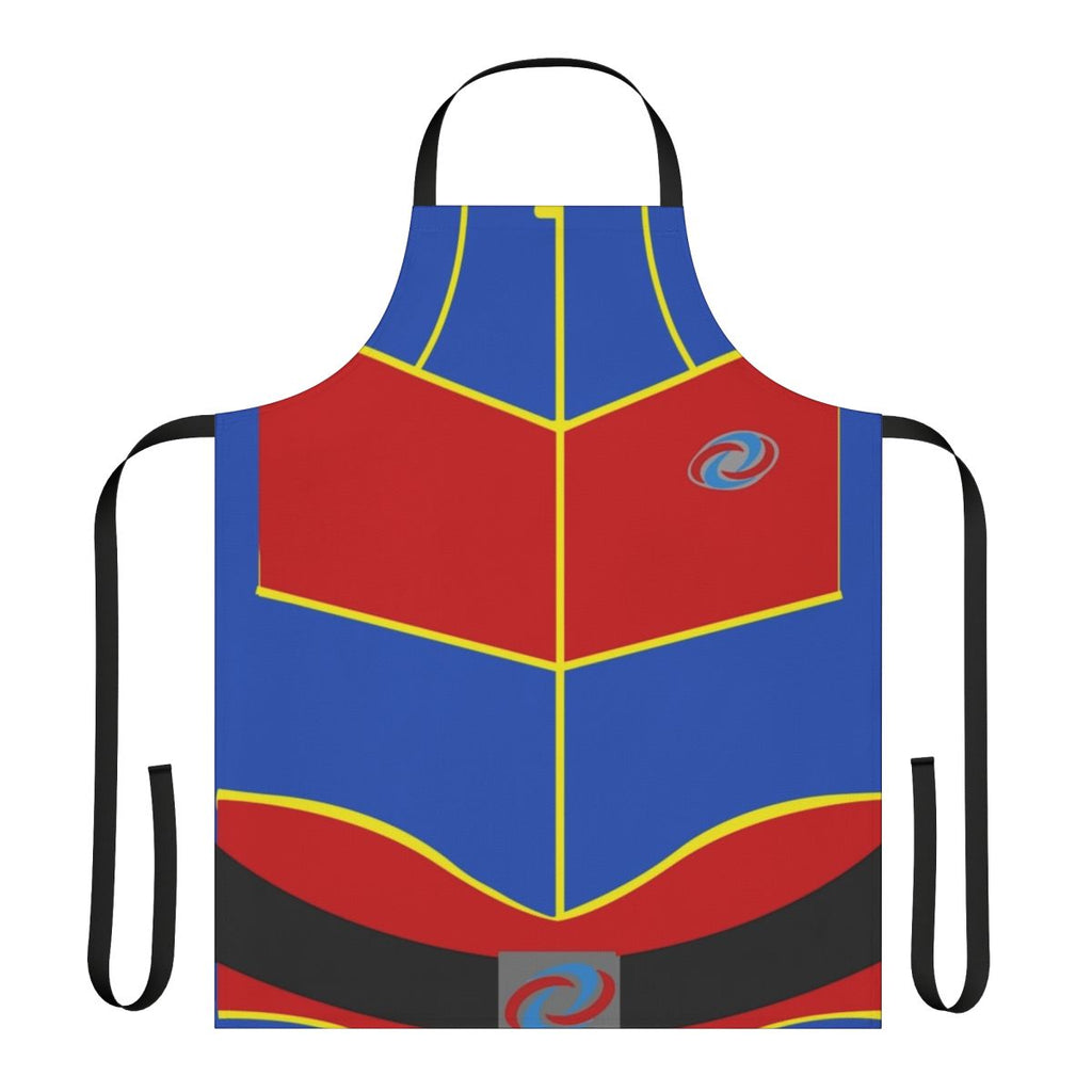 A red and blue apron featuring a superhero design inspired by the Nickelodeon TV show "Henry Danger"