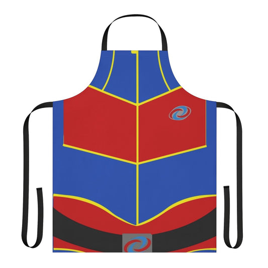 A red and blue apron featuring a superhero design inspired by the Nickelodeon TV show "Henry Danger"