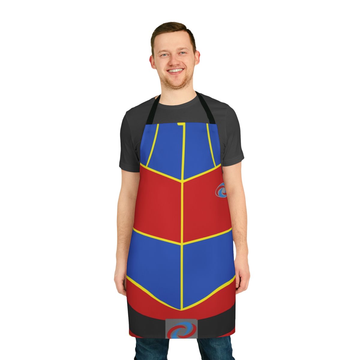 A red and blue apron featuring a superhero design inspired by the Nickelodeon TV show "Henry Danger"