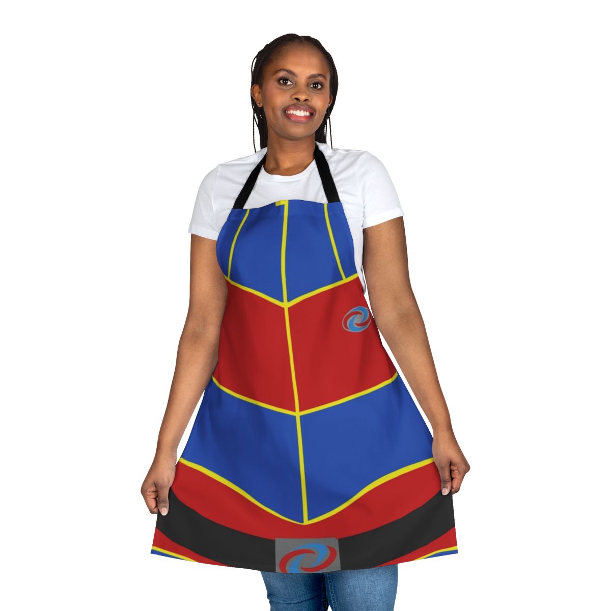 A red and blue apron featuring a superhero design inspired by the Nickelodeon TV show "Henry Danger"