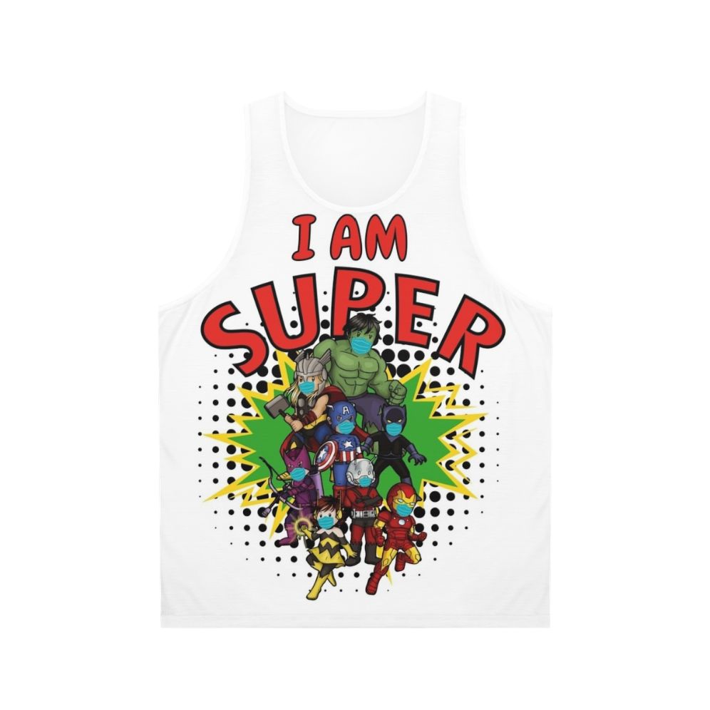Superhero-themed unisex tank top with corona-inspired design