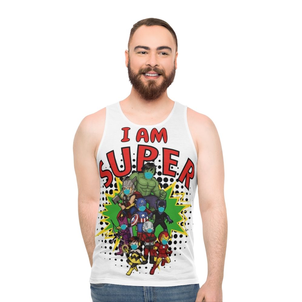 Superhero-themed unisex tank top with corona-inspired design