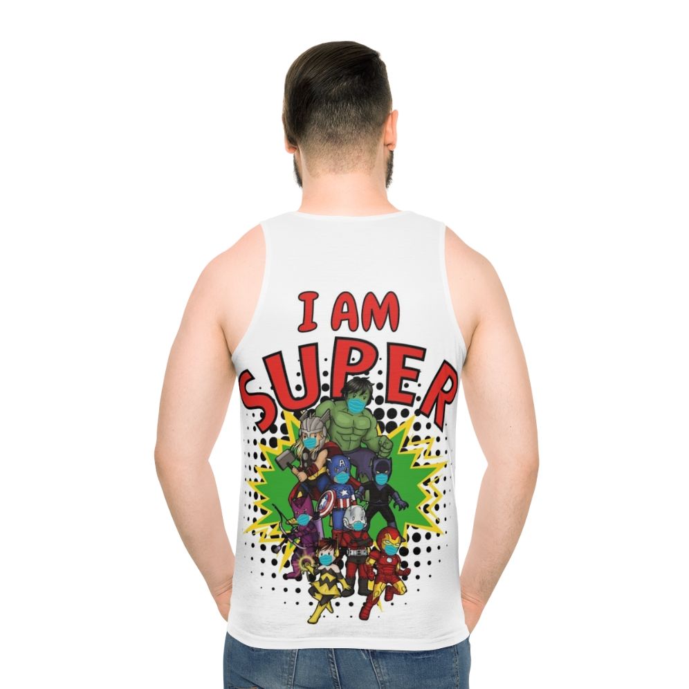 Superhero-themed unisex tank top with corona-inspired design