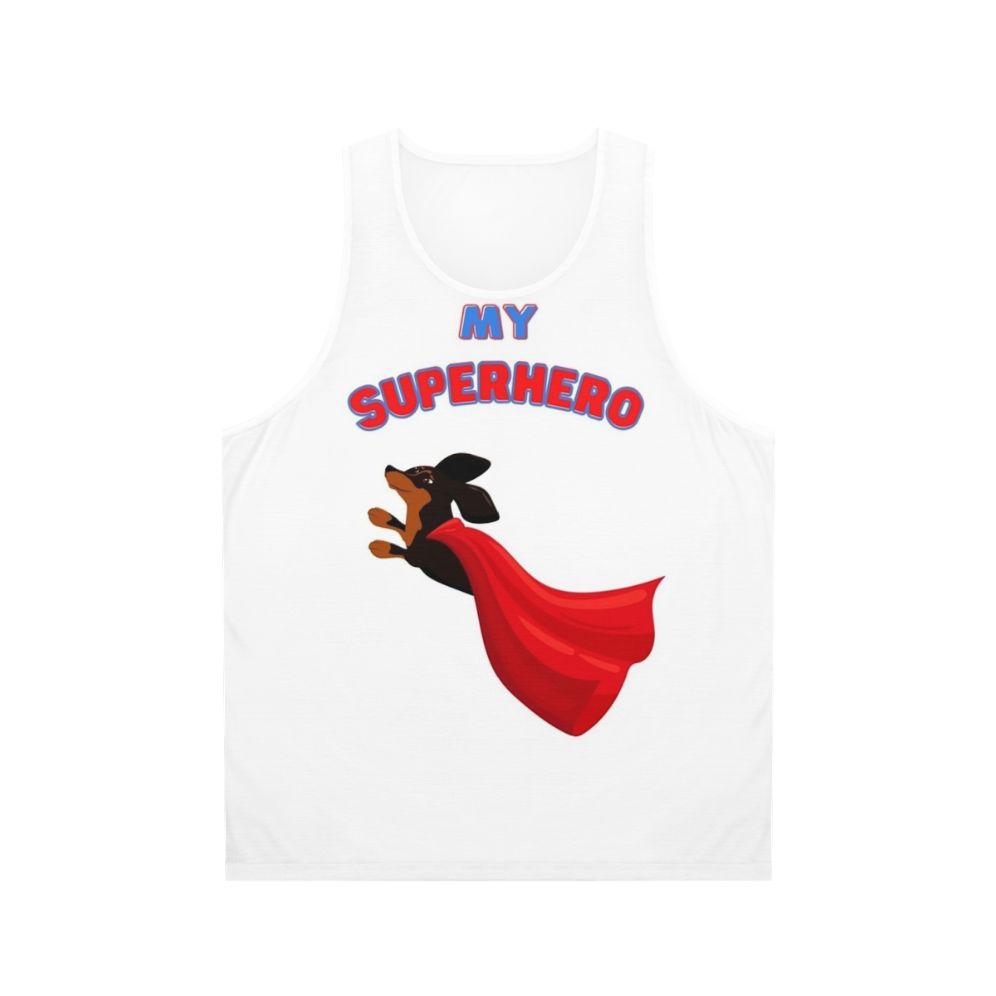 Superhero dachshund wearing a black tank top