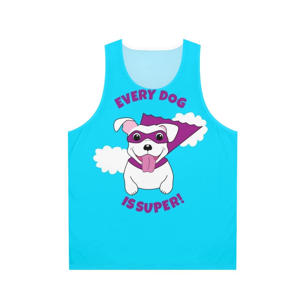 Superhero dog in costume on a white unisex tank top