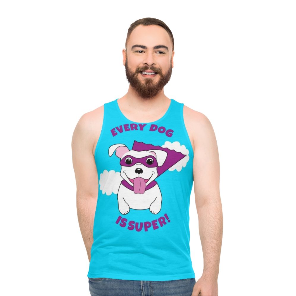 Superhero dog in costume on a white unisex tank top