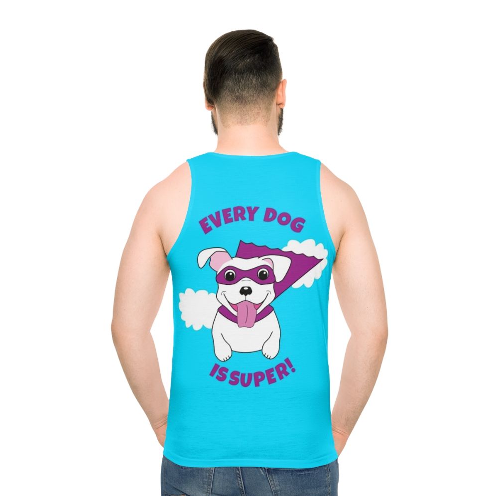 Superhero dog in costume on a white unisex tank top