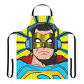 A superhero-themed apron with a person wearing headphones