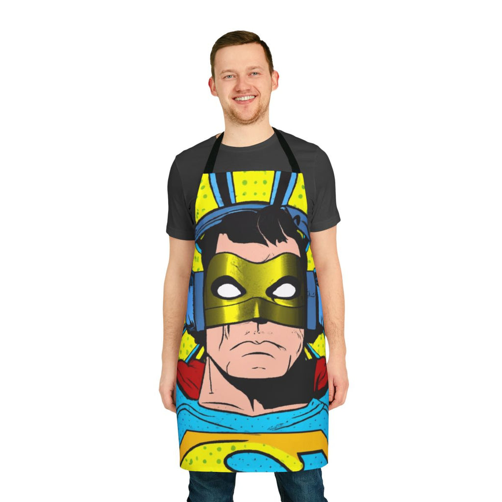 A superhero-themed apron with a person wearing headphones