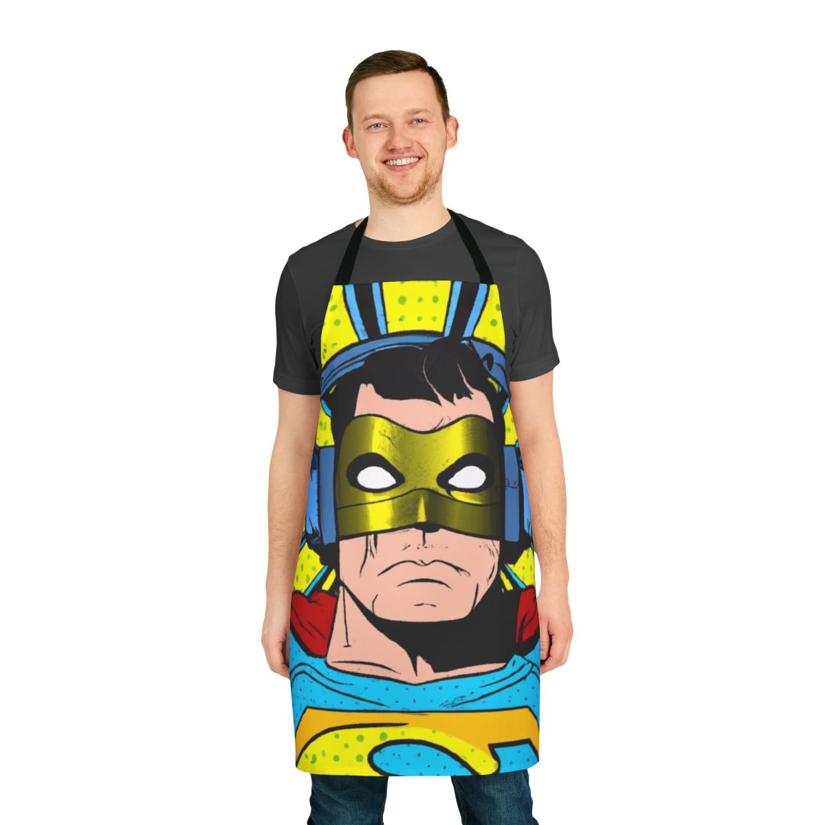 A superhero-themed apron with a person wearing headphones