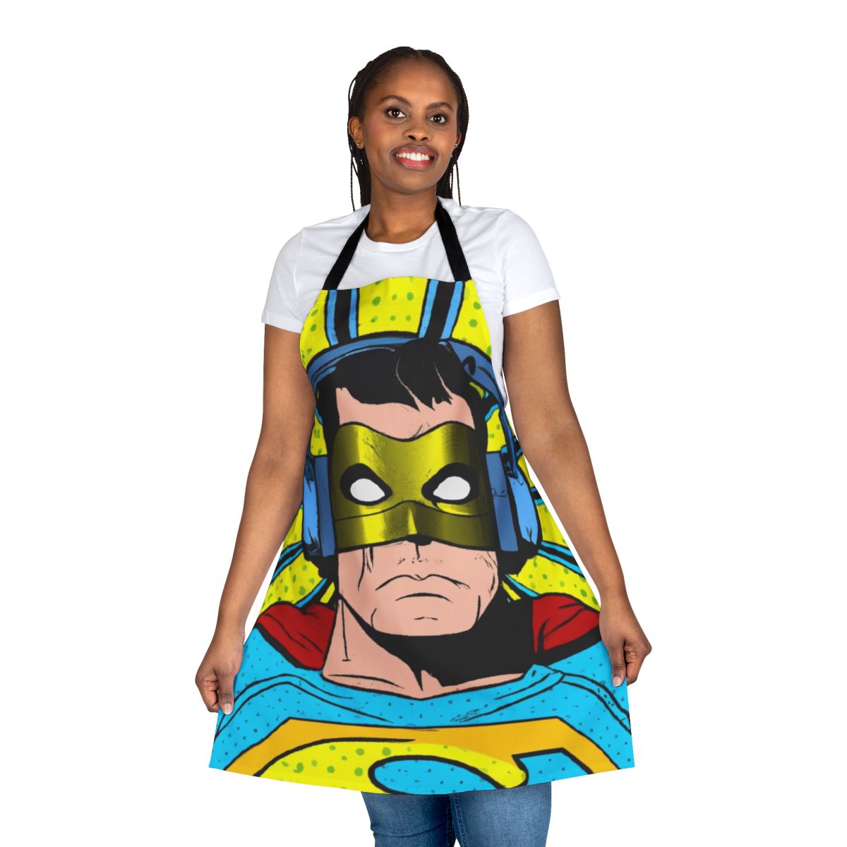 A superhero-themed apron with a person wearing headphones