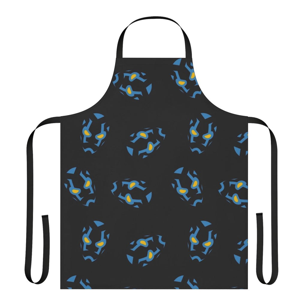 Stylized blue beetle mask design on a high-quality apron