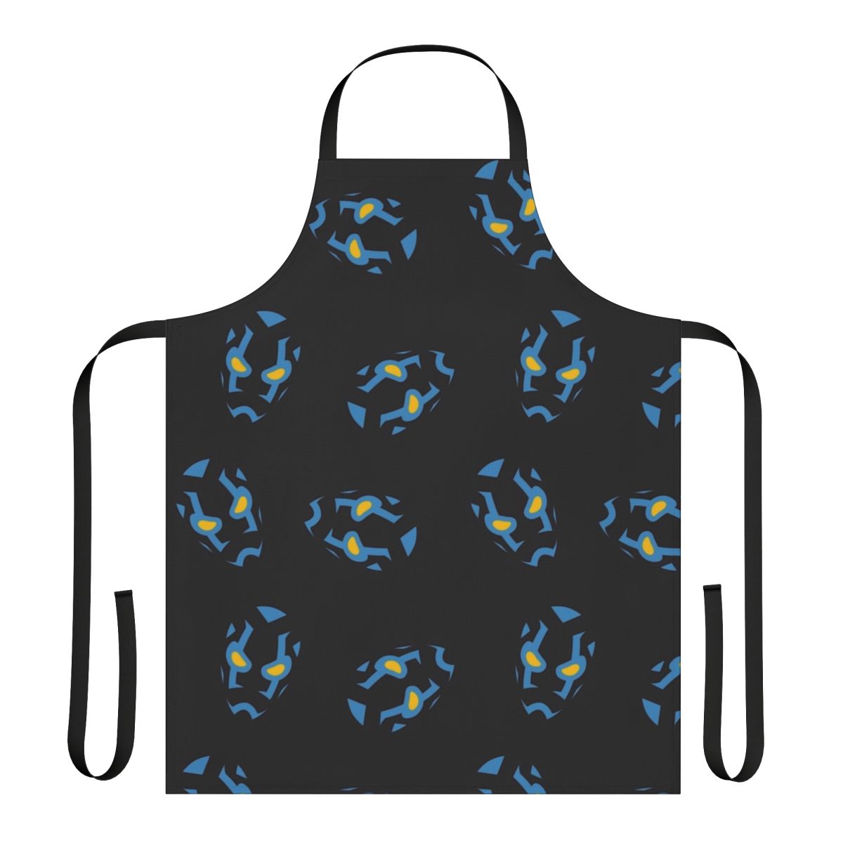 Stylized blue beetle mask design on a high-quality apron