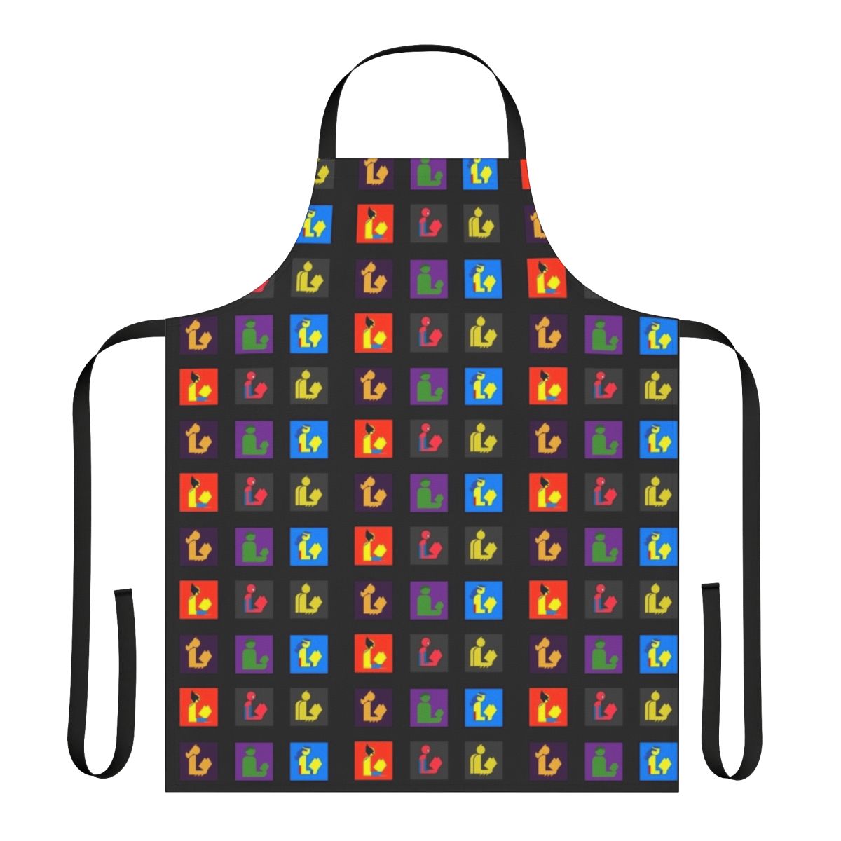 Superhero-themed apron featuring a minimalist mashup of comic book logos and designs