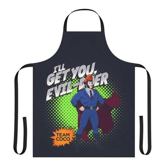 Man wearing a superhero-style apron with bold graphics