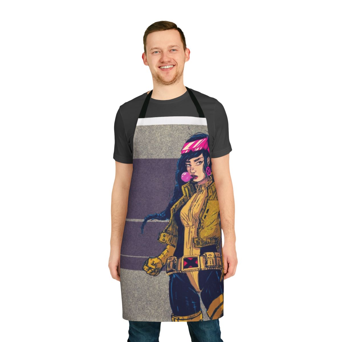 Vibrant and bold apron featuring comic book-inspired superhero graphics