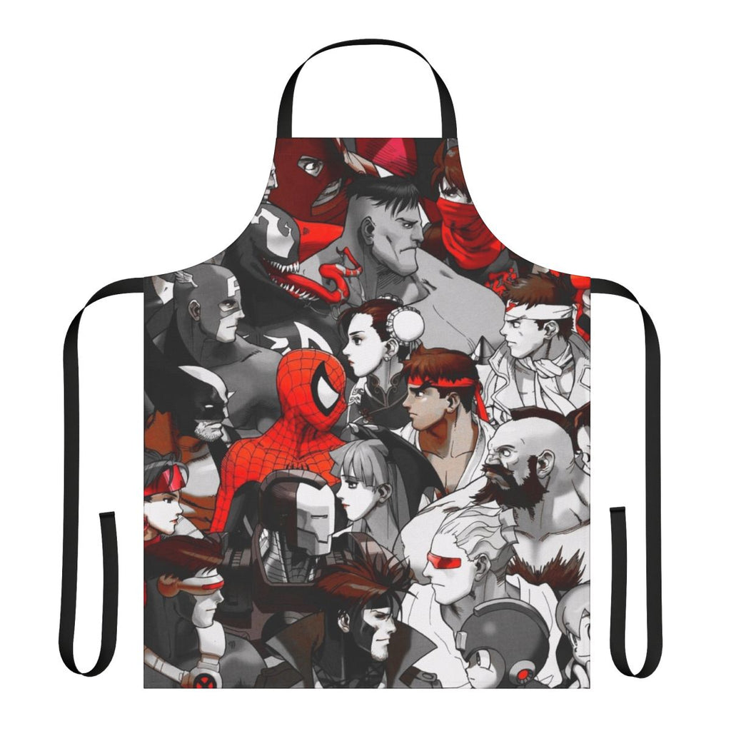 Superhero-themed apron with comic book and video game graphics