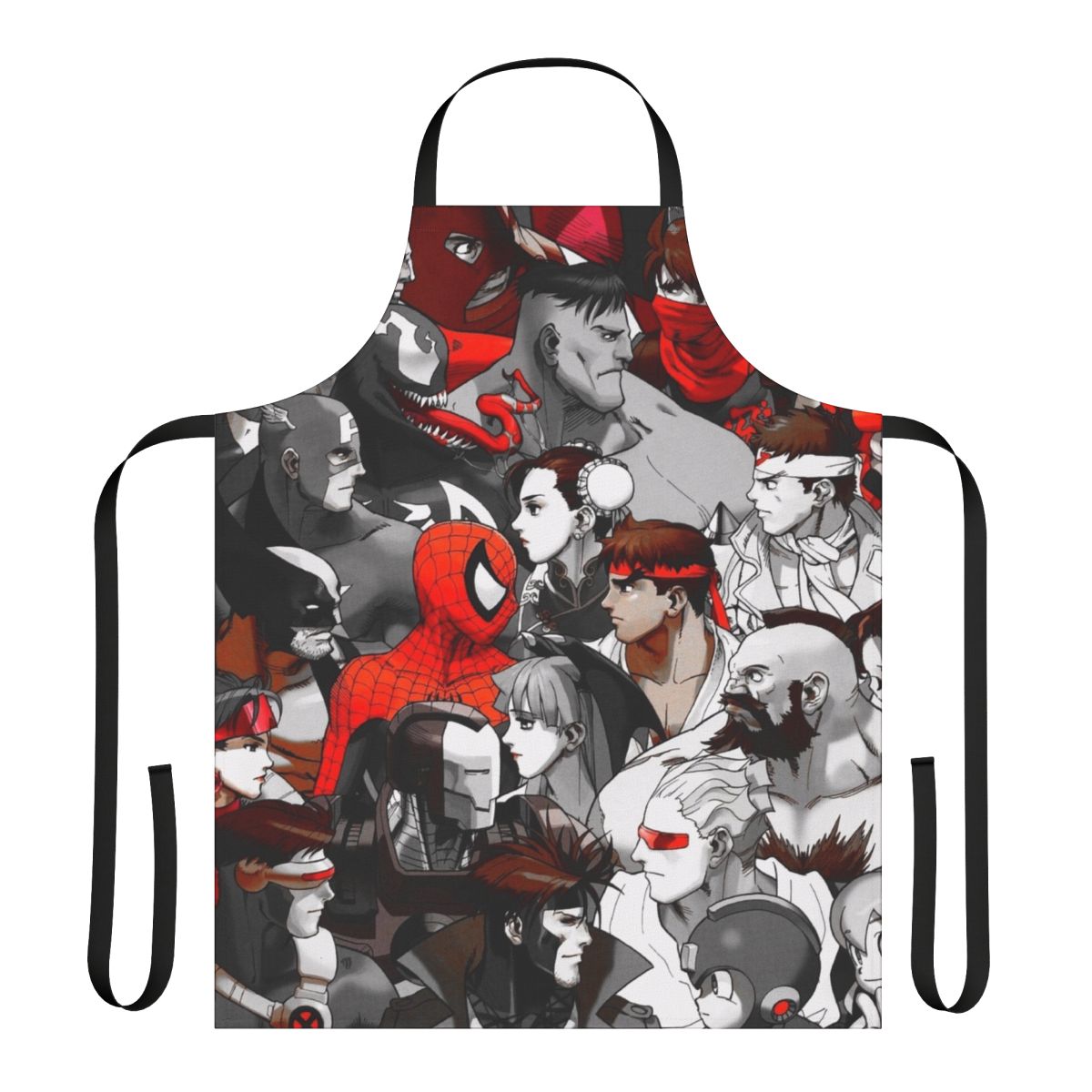Superhero-themed apron with comic book and video game graphics