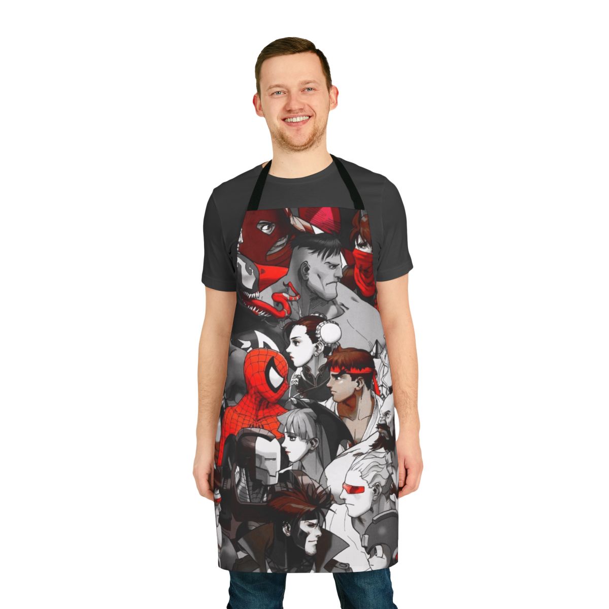 Superhero-themed apron with comic book and video game graphics