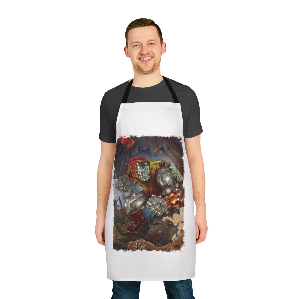Superhero-themed apron with bold comic book design