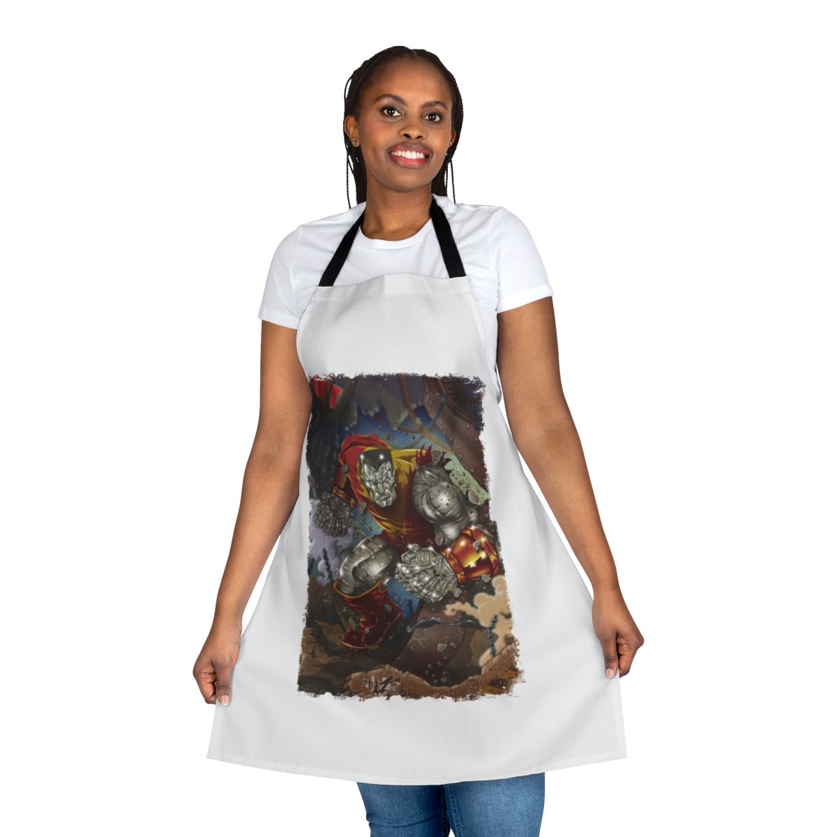 Superhero-themed apron with bold comic book design