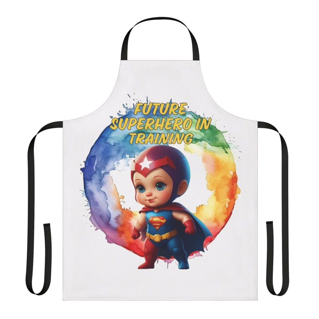 A superhero-themed apron with the text "Future Superhero In Training" for kids
