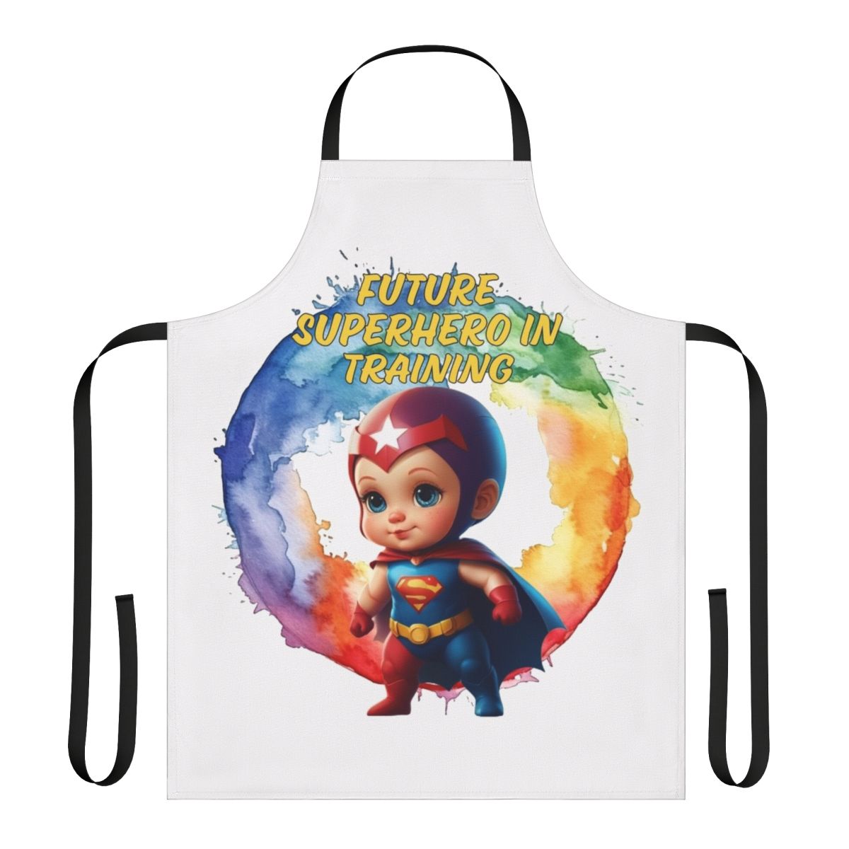 A superhero-themed apron with the text "Future Superhero In Training" for kids