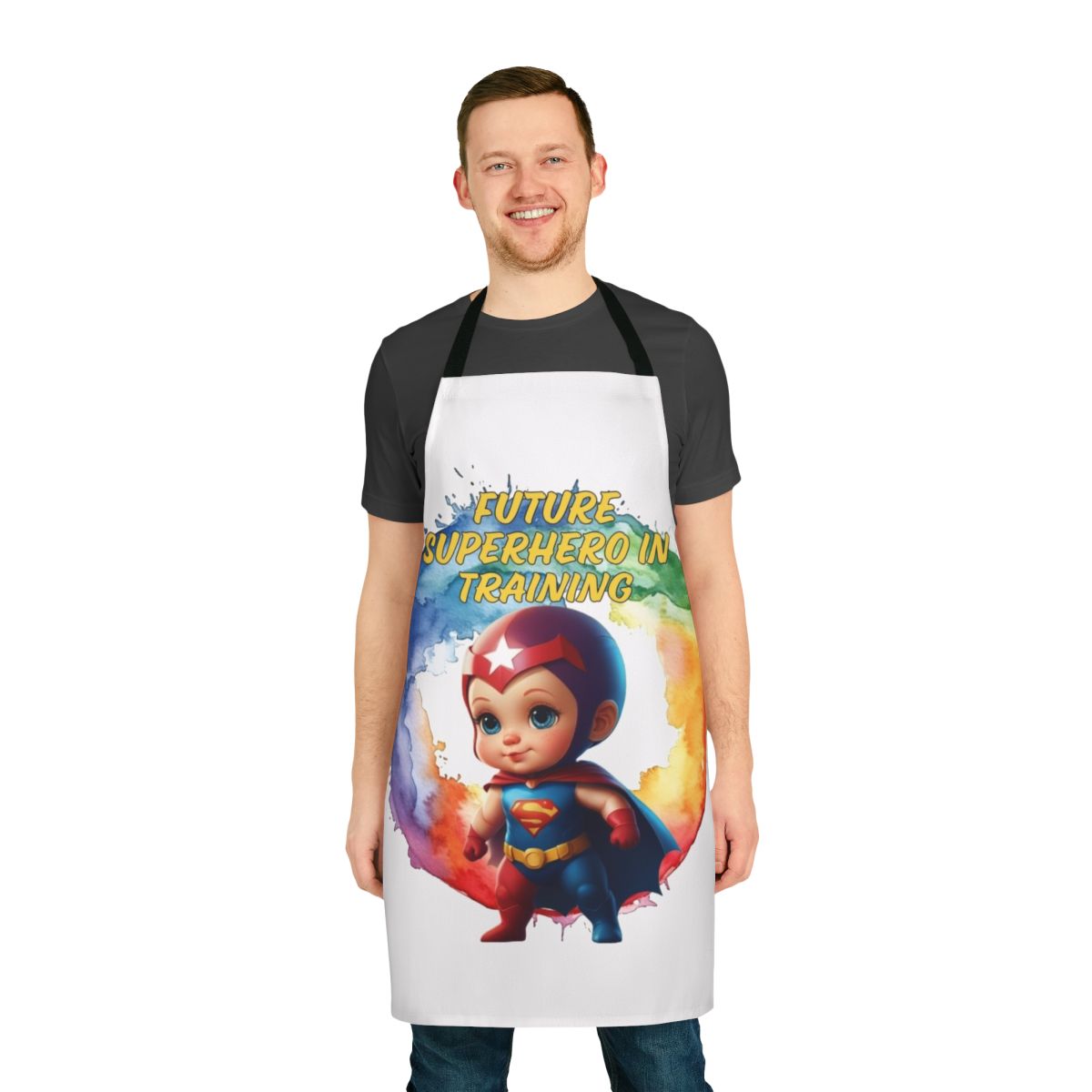 A superhero-themed apron with the text "Future Superhero In Training" for kids