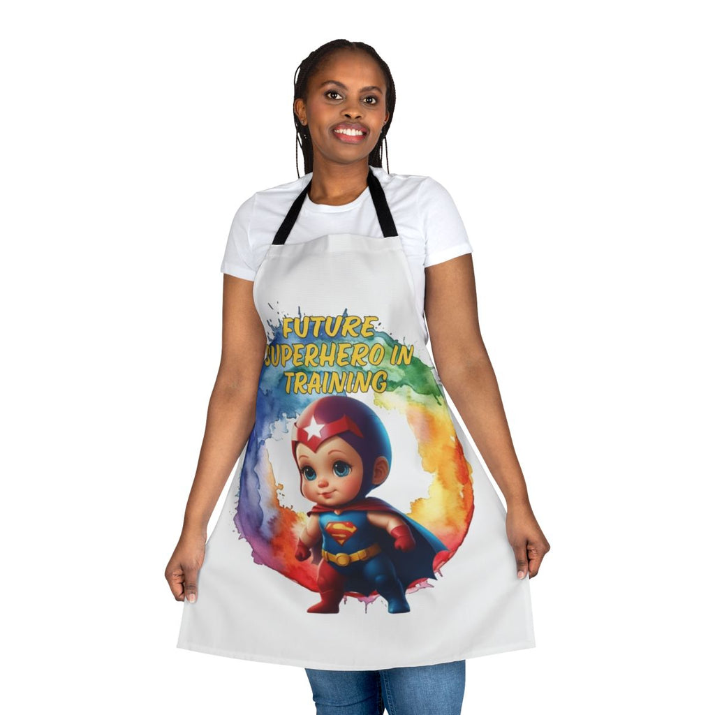 A superhero-themed apron with the text "Future Superhero In Training" for kids