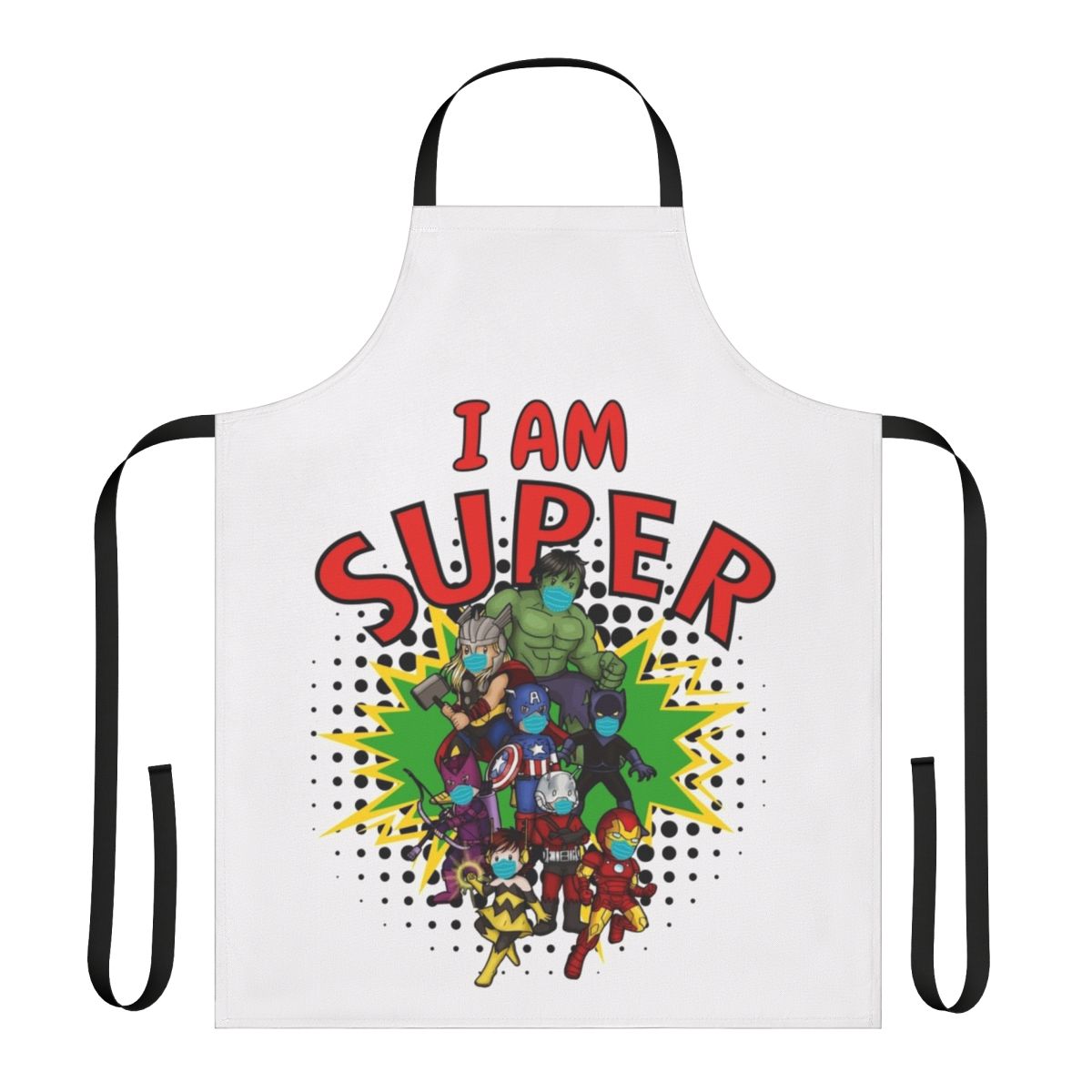 Image of a colorful apron with a superhero design, perfect for kids during the coronavirus pandemic.