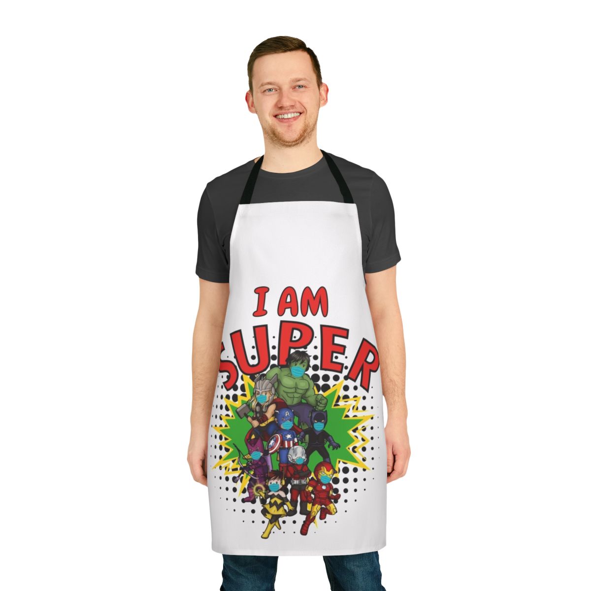 Image of a colorful apron with a superhero design, perfect for kids during the coronavirus pandemic.
