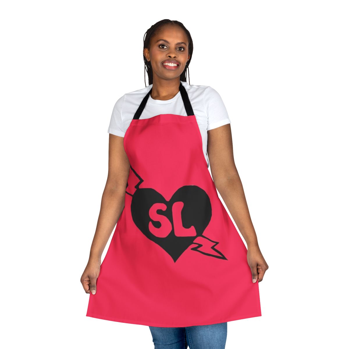 Colorful superhero-themed apron with "Superluv" logo