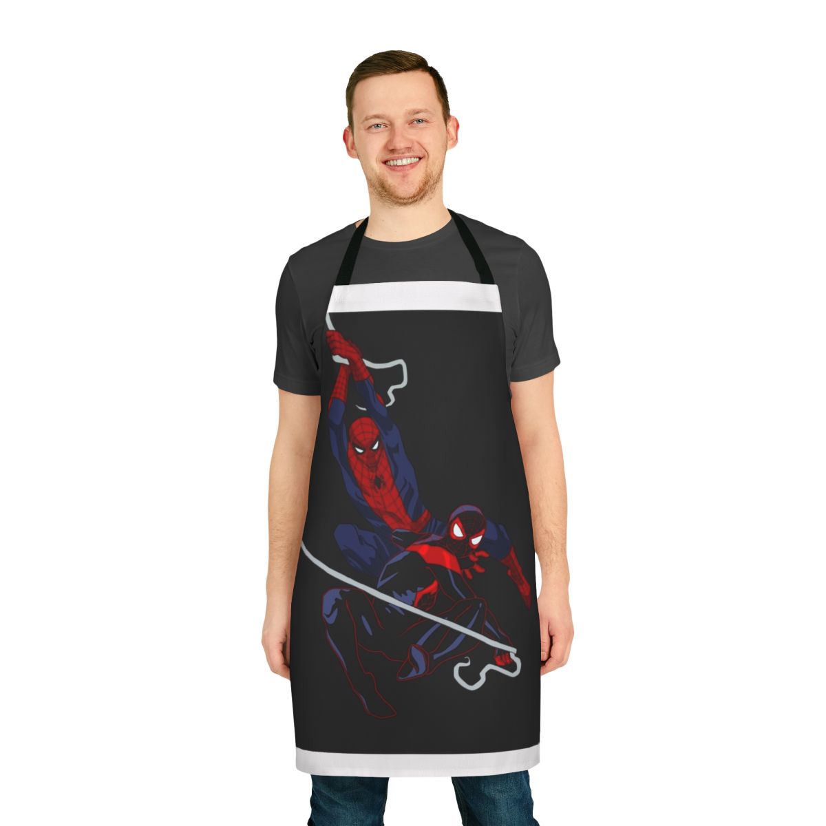 Stylish apron featuring Spider-Man, Miles Morales, and other web-slinging heroes