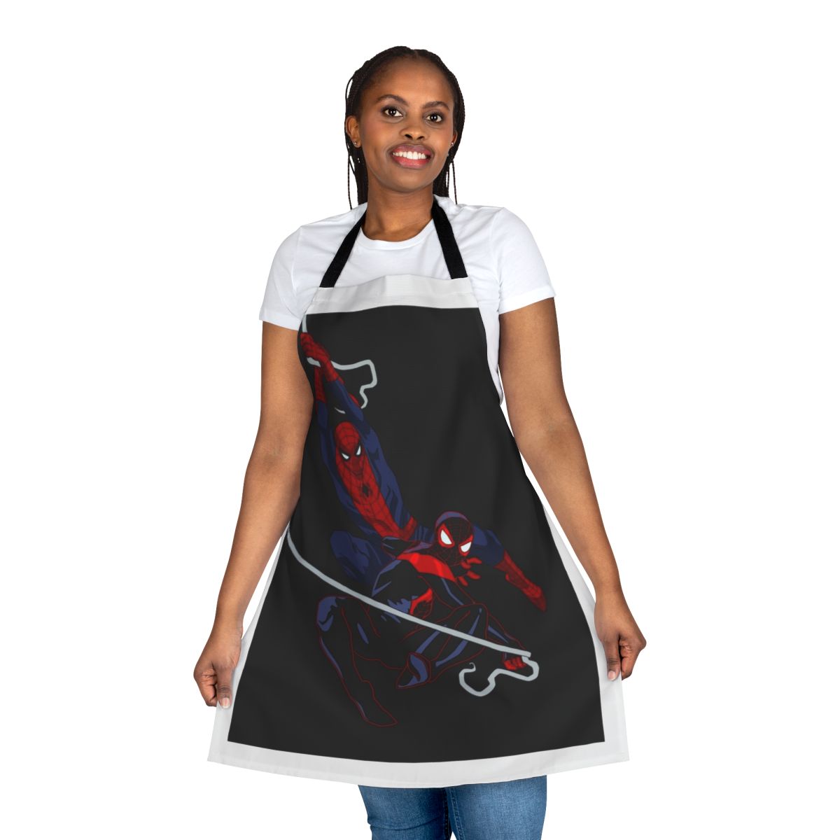 Stylish apron featuring Spider-Man, Miles Morales, and other web-slinging heroes
