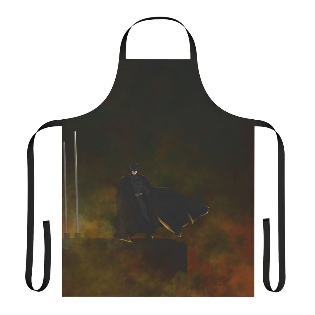 A colorful superhero-themed apron with images of bats and comic book elements