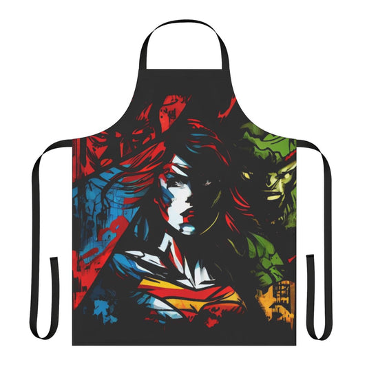 A vibrant, high-quality apron featuring a superhero-inspired design, perfect for kitchen or everyday wear.