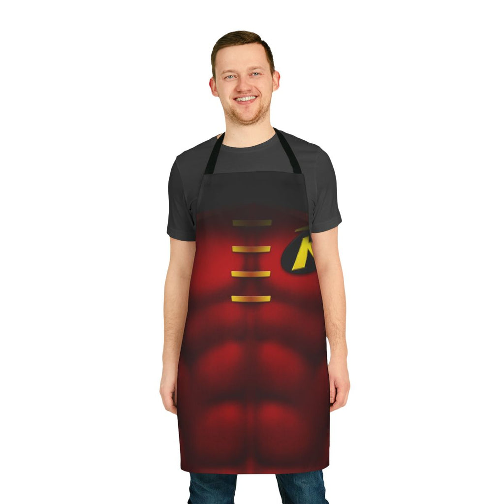 Superhero inspired apron featuring the iconic red robin design