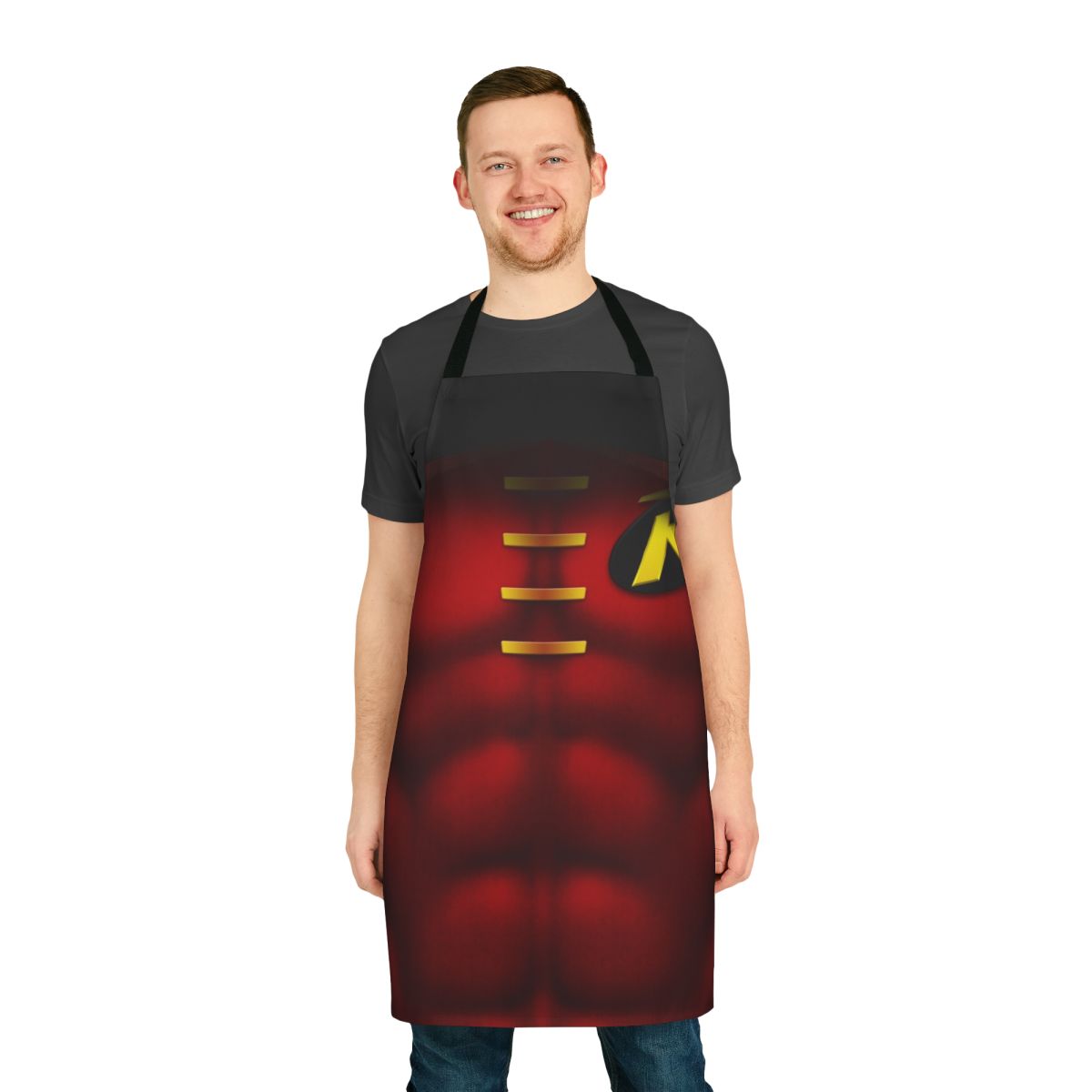 Superhero inspired apron featuring the iconic red robin design