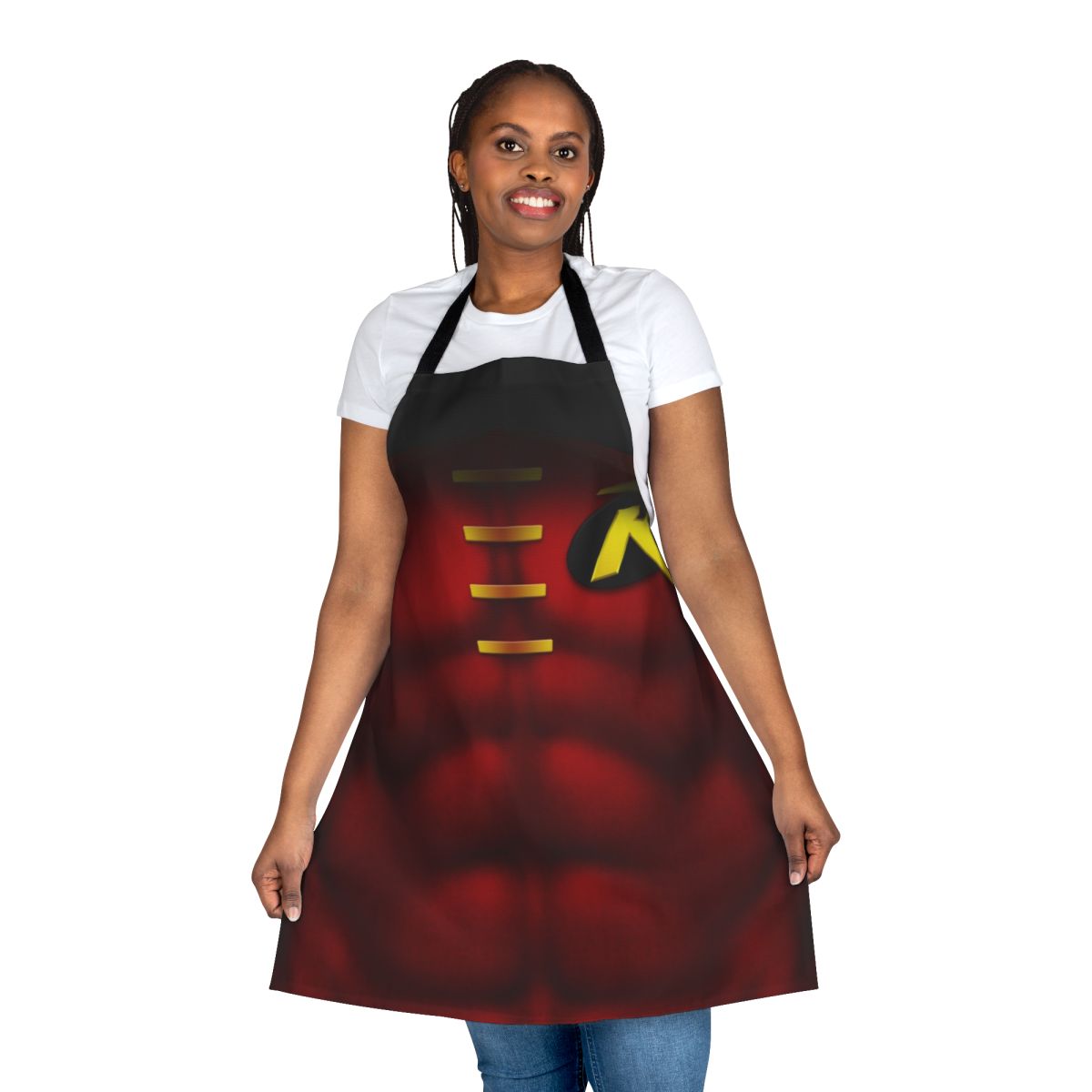 Superhero inspired apron featuring the iconic red robin design