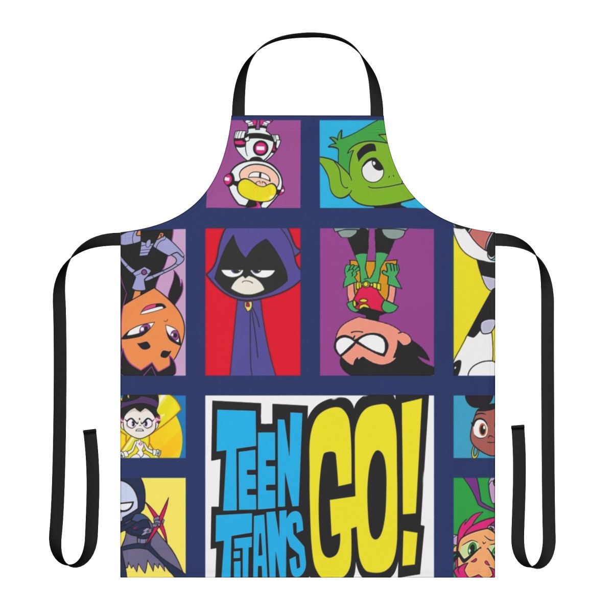 A vibrant, superhero-inspired apron featuring the iconic Teen Titans logo and characters.