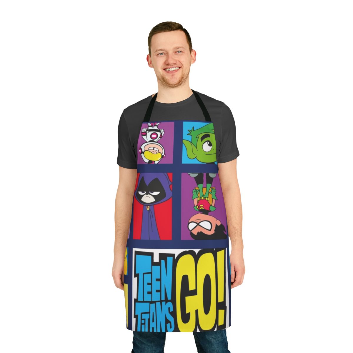 A vibrant, superhero-inspired apron featuring the iconic Teen Titans logo and characters.