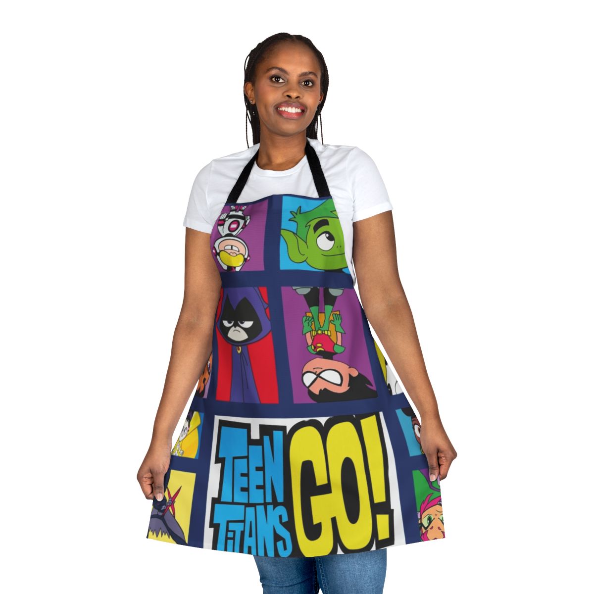 A vibrant, superhero-inspired apron featuring the iconic Teen Titans logo and characters.