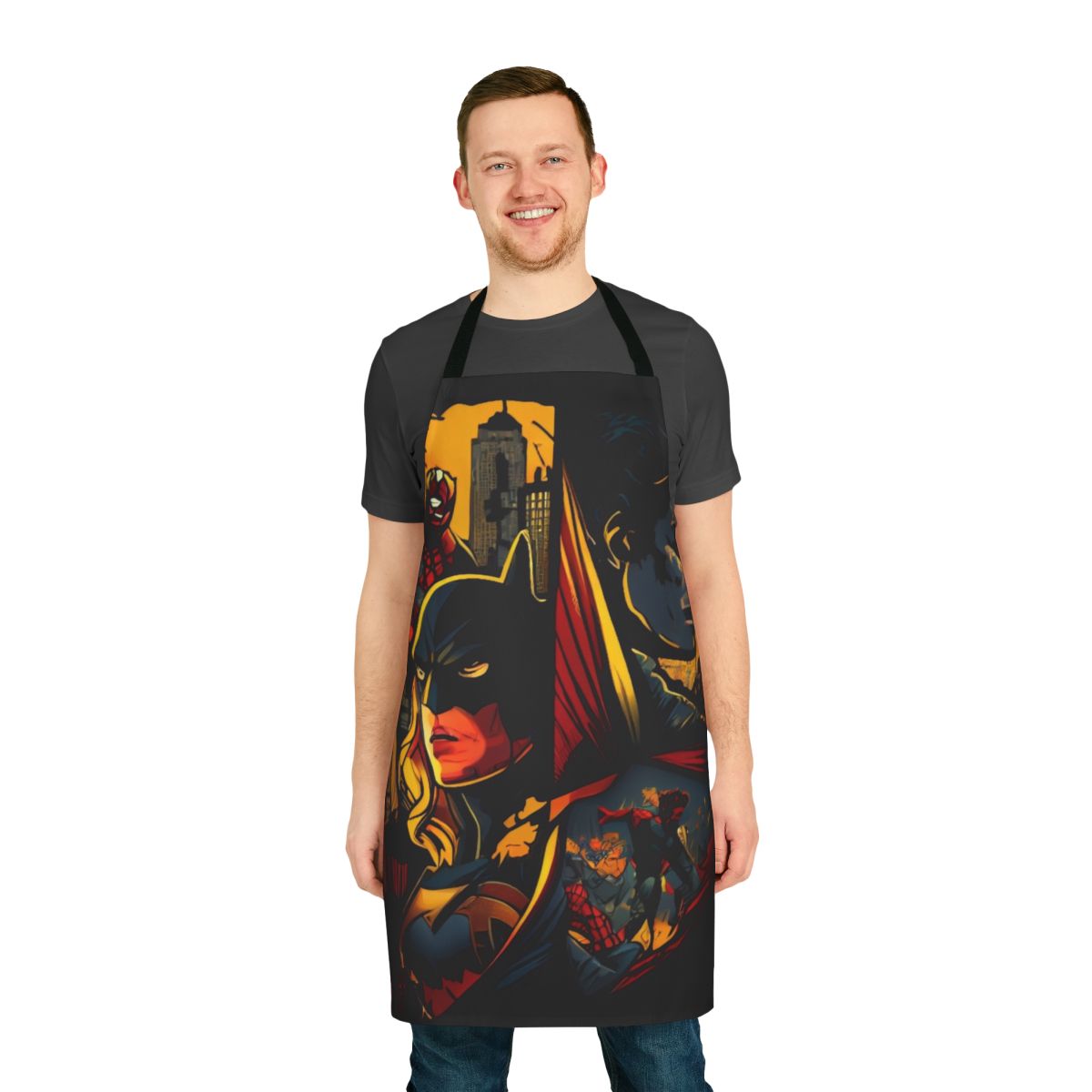 A high-quality apron featuring superhero-themed designs and motivational quotes.