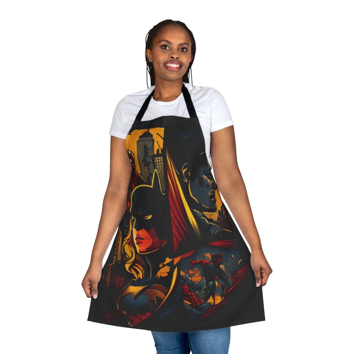 A high-quality apron featuring superhero-themed designs and motivational quotes.