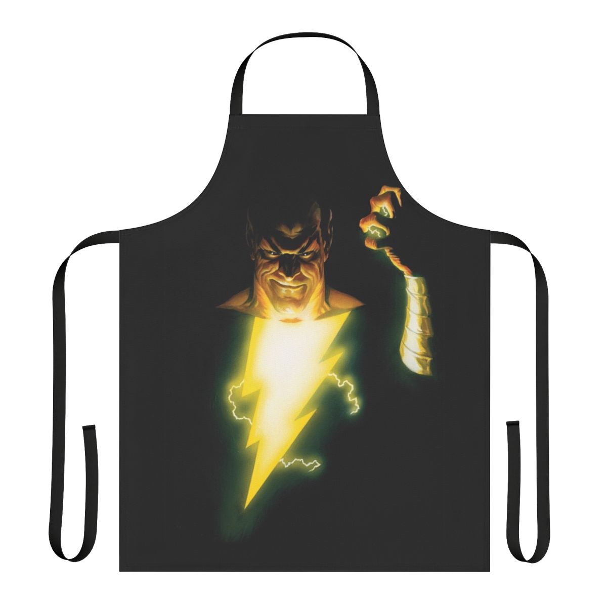 Black and white apron with a superhero-inspired vintage comic book design featuring lightning strike and superhuman powers
