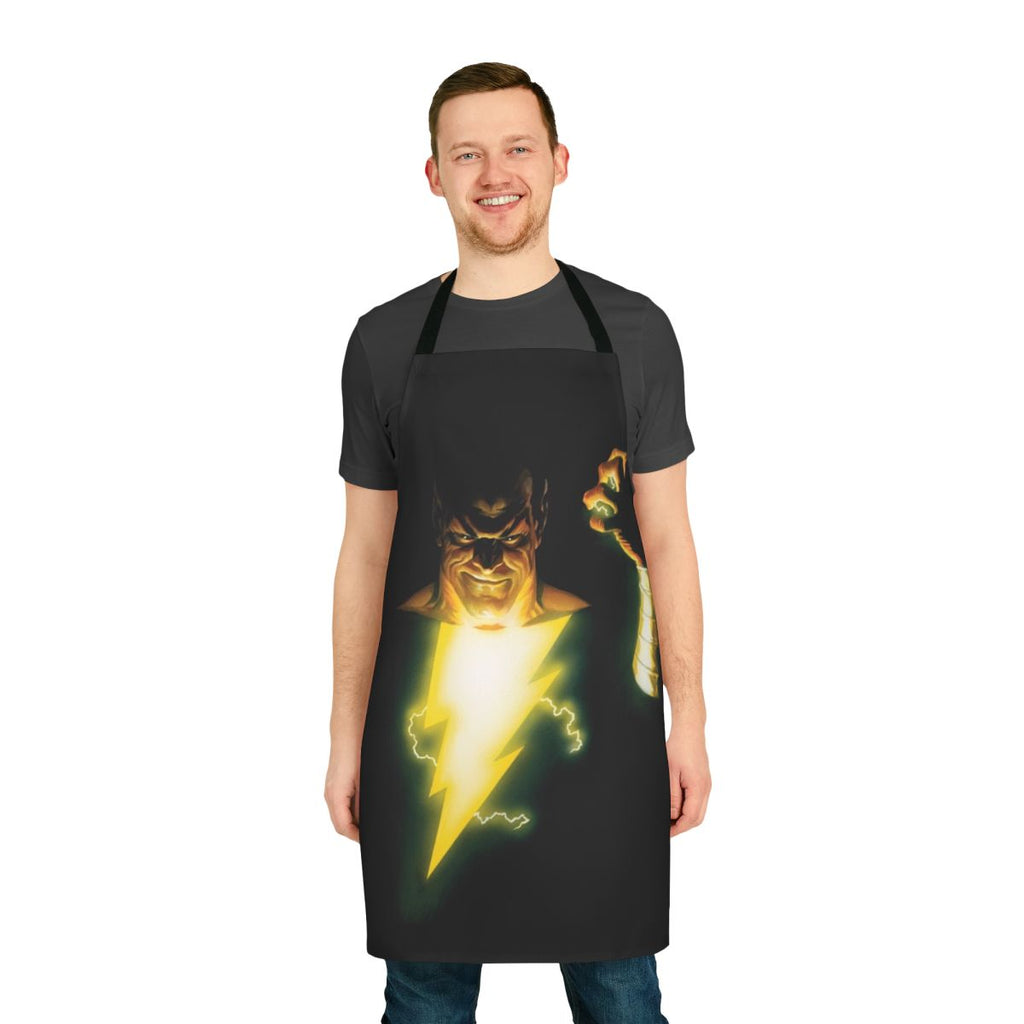 Black and white apron with a superhero-inspired vintage comic book design featuring lightning strike and superhuman powers